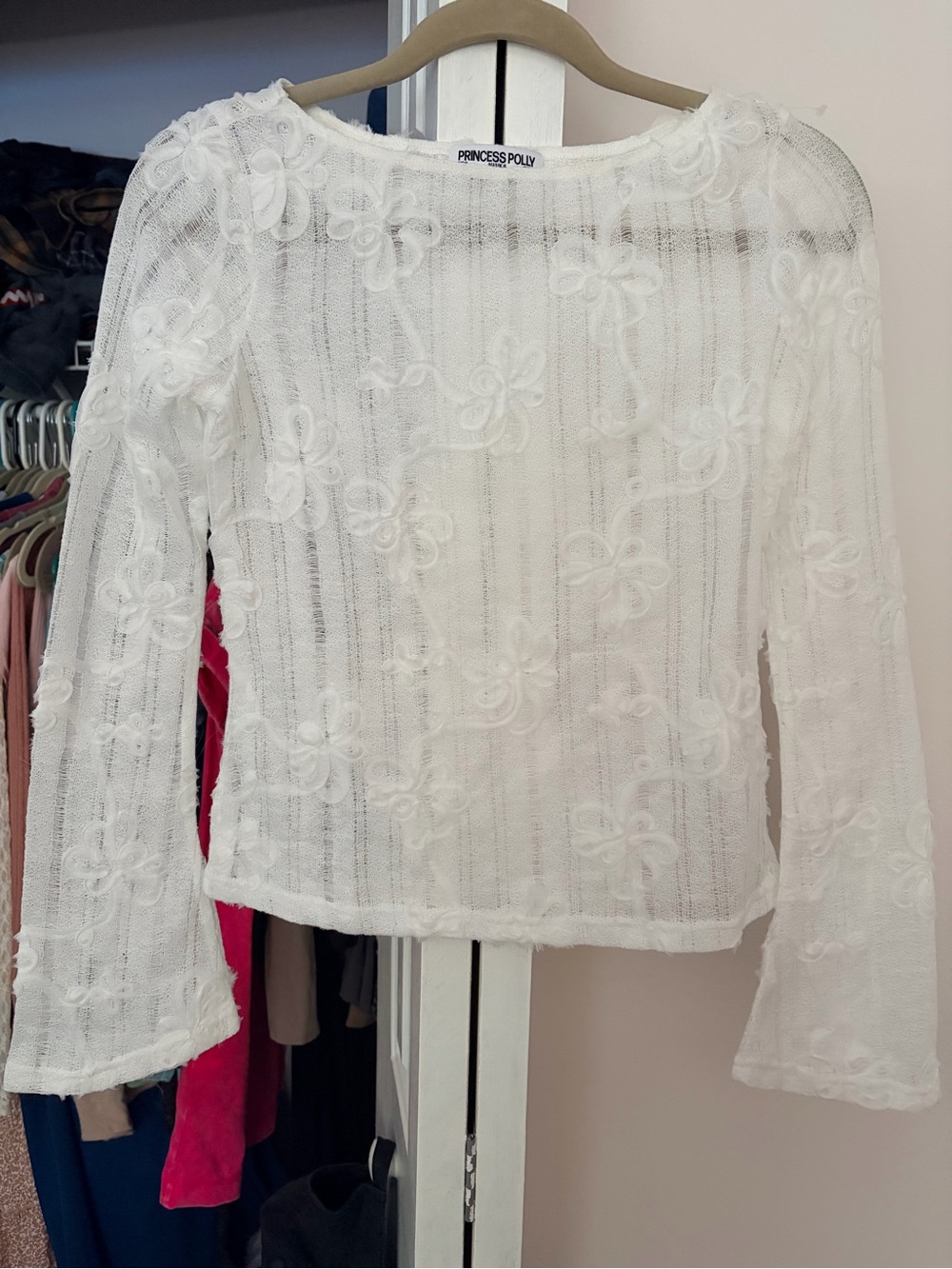 Princess Polly White Floral Lace Long Sleeve Blouse